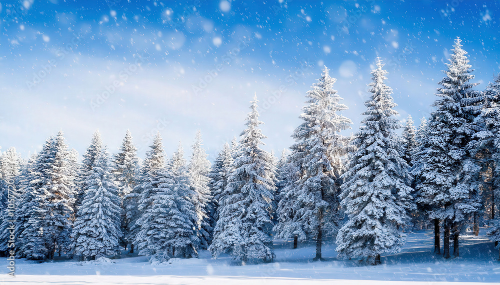 Fototapeta premium A serene winter forest scene with snow-covered pine trees, gently falling snowflakes, and a peaceful ambiance perfect for a holiday or winter-themed design.