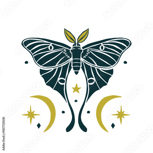 Luna moth hand drawn illustration isolated on white background. Celestial butterfly design