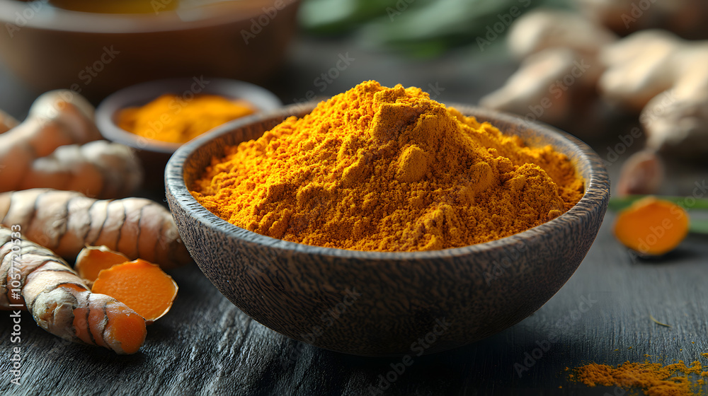 Bird's-Eye View of Fresh Turmeric Roots and Powder with Herbal Tea Celebrating Its Health-Promoting Attributes Bird's-Eye View of Fresh Turmeric Roots and Powder with Herbal Tea Celebrating Its Health-Promoting Attributes