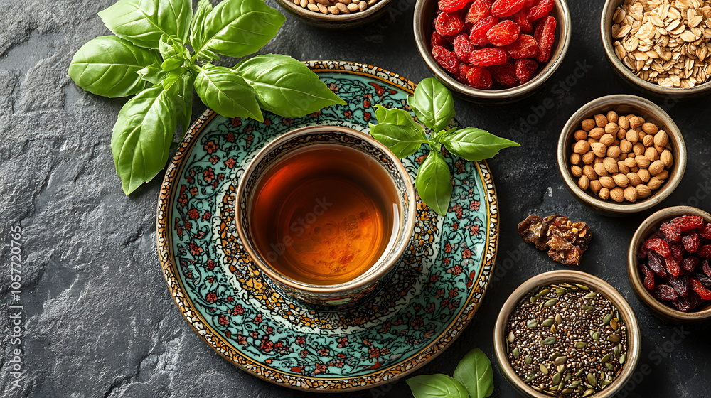 Captivating Overhead Arrangement of Fresh Holy Basil with Tea and a Variety of Healthy Snacks Captivating Overhead Arrangement of Fresh Holy Basil with Tea and a Variety of Healthy Snacks