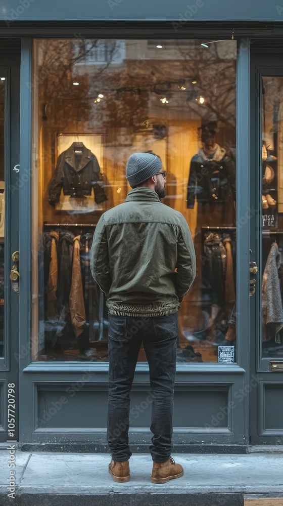 Man Admiring Trendy Boutique Window Display Man Admiring Trendy Boutique Window Display