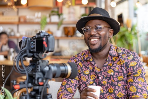 Smiling local business owner recording video in cafe with camera and coffee