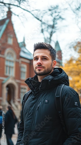 Man Standing in Front of University Campus Building