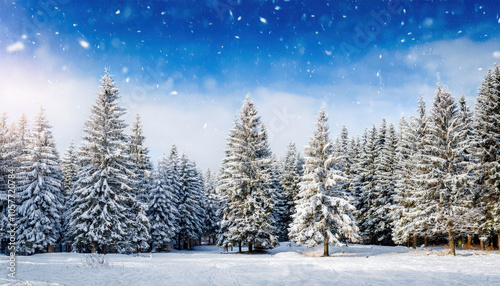 A serene winter forest scene with snow-covered pine trees, gently falling snowflakes, and a peaceful ambiance perfect for a holiday or winter-themed design.