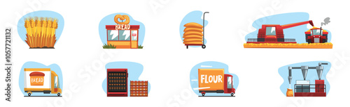 Bread Production Process and Step Scene Vector Set