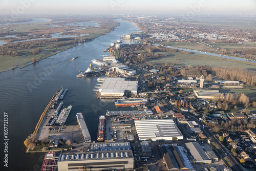 Aerial view Dutch city Hardinxveld along river Merwede