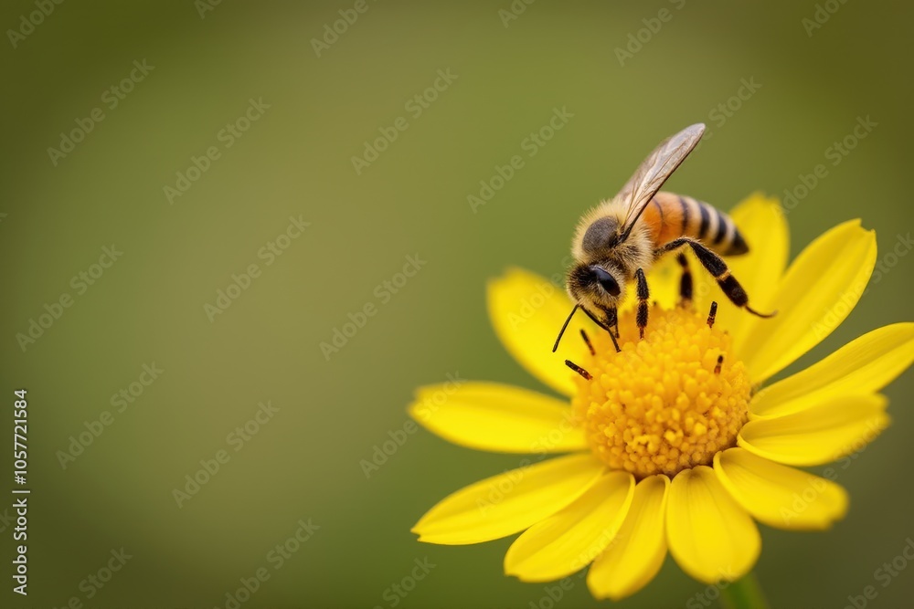 Close-up of honeybee pollinating a vibrant yellow flower in a natural setting. Close-up of honeybee pollinating a vibrant yellow flower in a natural setting.