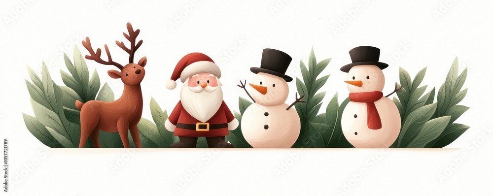 Fototapeta premium Santa Claus with snowmen and reindeer, festive scene on a white isolated background.