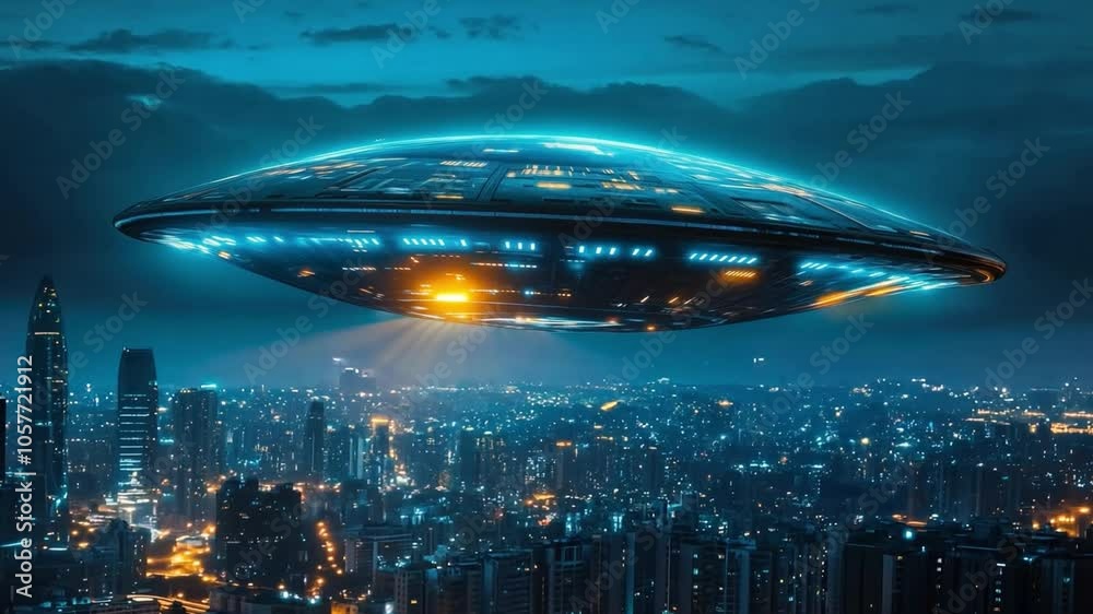 An advanced spacecraft looms above a bustling metropolitan area at night, casting a radiant glow over buildings and streets
