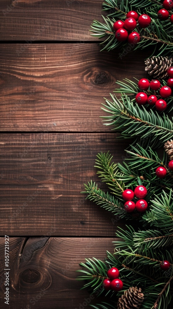 A vibrant traditional Christmas background adorned with pine branches, red berries, and pinecones creating a festive holiday atmosphere on rustic wooden surfaces A vibrant traditional Christmas background adorned with pine branches, red berries, and pinecones creating a festive holiday atmosphere on rustic wooden surfaces
