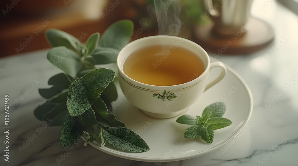 An Impressive Aerial Display of Sage Leaves and Herbal Tea that Highlights Culinary Diversity and Aesthetic Harmony. An Impressive Aerial Display of Sage Leaves and Herbal Tea that Highlights Culinary Diversity and Aesthetic Harmony.