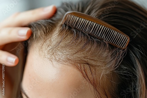 Close-up young woman brushing her hair and have many hair loss on the comb, Generative AI