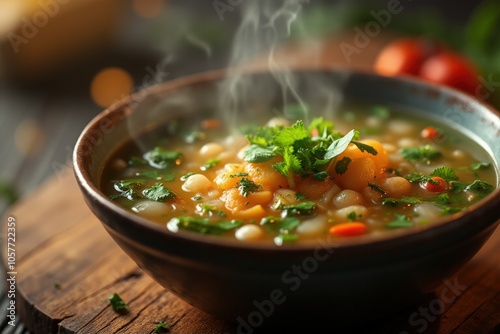 Warm hearty soup with fresh herbs and vegetables on rustic wooden table for cozy comfort and cuisine inspiration.