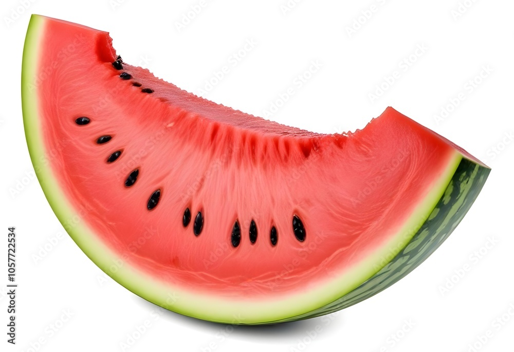 A slice of ripe red watermelon with green rind A slice of ripe red watermelon with green rind