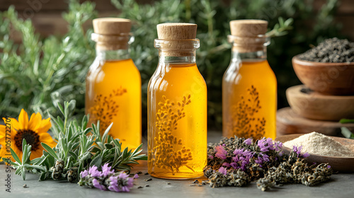 Inviting Milk Thistle Tea Layout Featuring Petals and Powder with a Serene Leafy Backdrop to Promote Natural Wellness