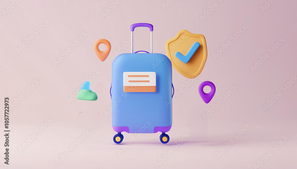 Exploring the essential elements of travel a vibrant suitcase surrounded by travel icons for modern adventurers Exploring the essential elements of travel a vibrant suitcase surrounded by travel icons for modern adventurers