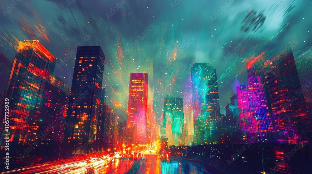 Dynamic Skyline with Fireworks Display at Night Dynamic Skyline with Fireworks Display at Night