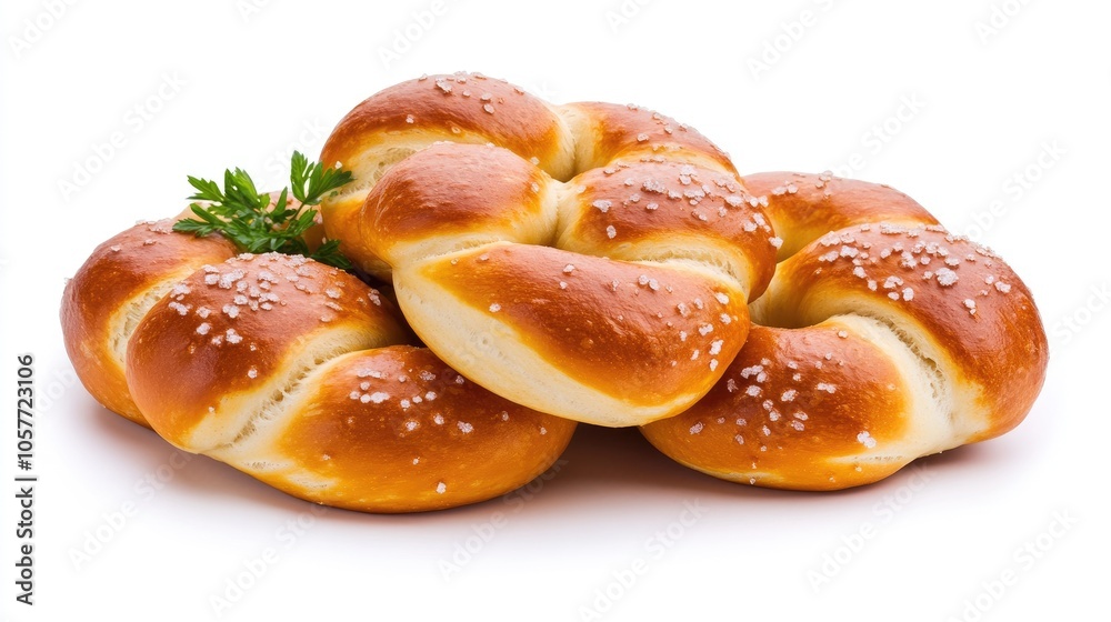 A delightful assortment of small salted pretzels arranged artistically on a white background to highlight their crispy texture A delightful assortment of small salted pretzels arranged artistically on a white background to highlight their crispy texture