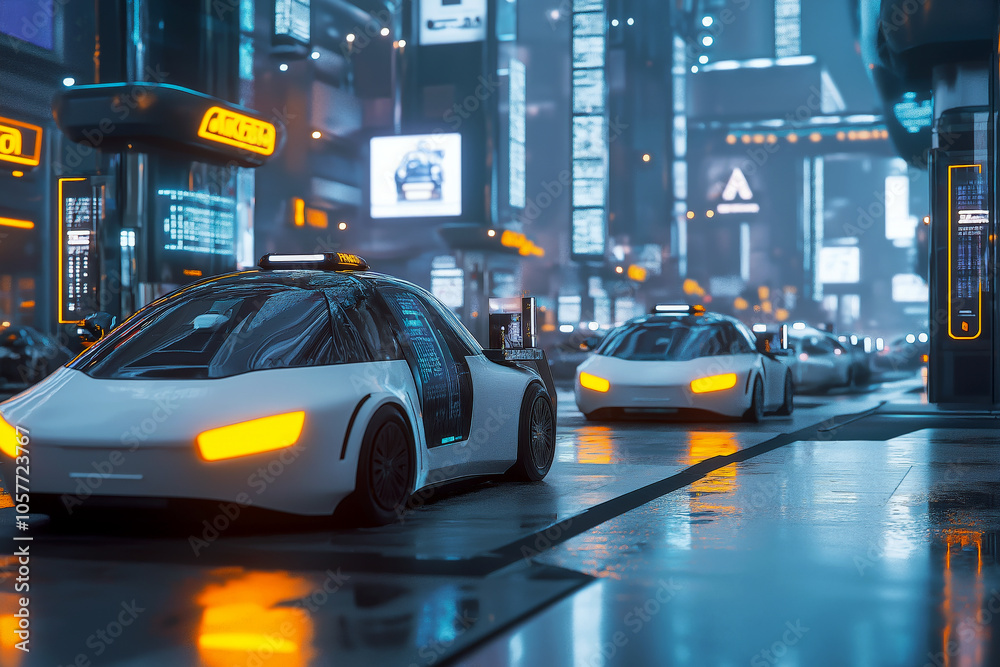 A fleet of electric taxis charging at an ultra-modern station, with holographic billboards and a futuristic transportation hub in the distance. A fleet of electric taxis charging at an ultra-modern station, with holographic billboards and a futuristic transportation hub in the distance.