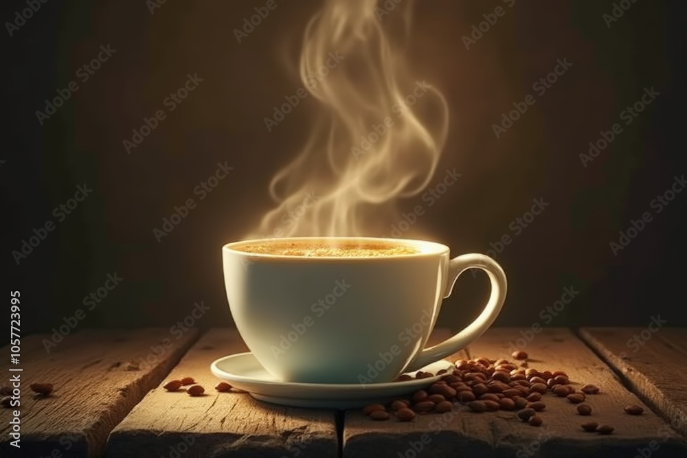 Steaming hot coffee cup on rustic wood table with coffee beans; warm beverage scene for café decor. Steaming hot coffee cup on rustic wood table with coffee beans; warm beverage scene for café decor.