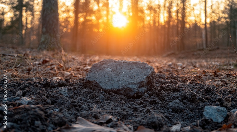 A single rock sits in the foreground of a forest path at sunset. A single rock sits in the foreground of a forest path at sunset.