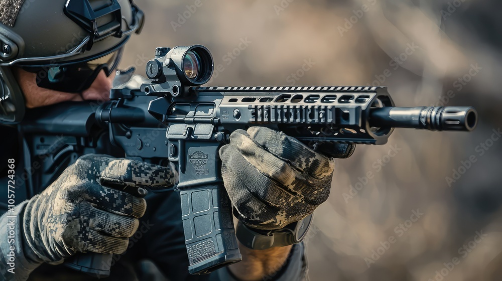 Tactical Firearm Being Handled in Close-Up View Tactical Firearm Being Handled in Close-Up View
