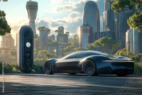 A luxury electric vehicle plugged into a solar-powered charging station in a futuristic eco-city, with greenery and vertical gardens adorning nearby buildings.