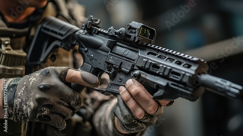 Close-Up of Tactical Firearm Being Handled