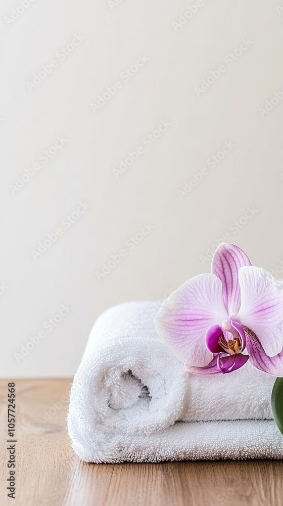 Relaxing spa ambiance with a rolled white towel and an elegant orchid flower on a polished wooden table for tranquil moments Relaxing spa ambiance with a rolled white towel and an elegant orchid flower on a polished wooden table for tranquil moments