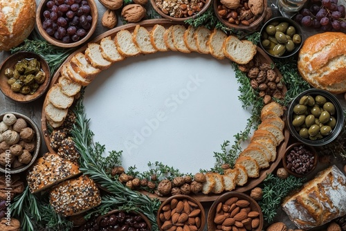 Assorted mediterranean appetizers and fresh bread arrangement on wooden platter