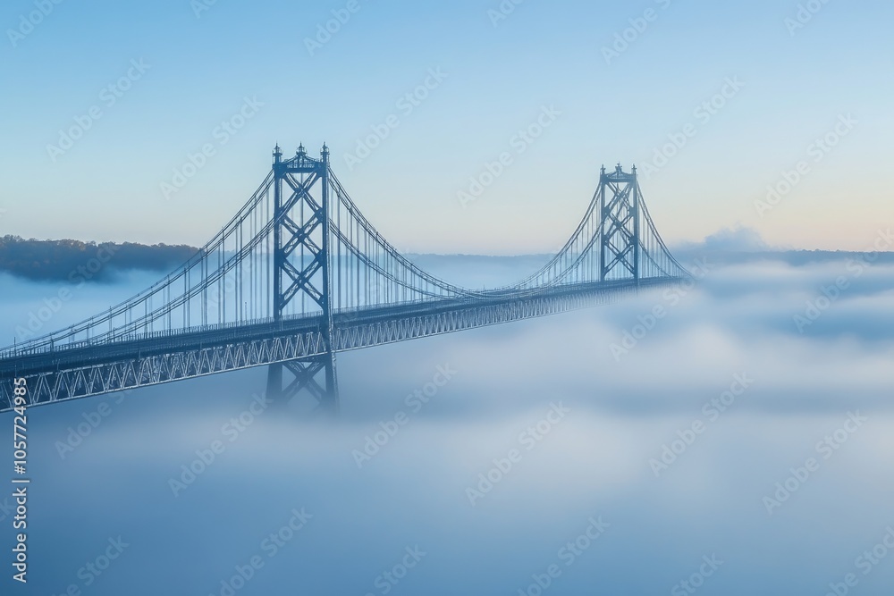 Fototapeta premium Suspension Bridge Emerging from Foggy Landscape