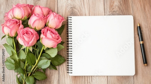 A beautiful blank notebook with a pen beside pink roses on a rustic wooden table, inviting creative thoughts and inspiration