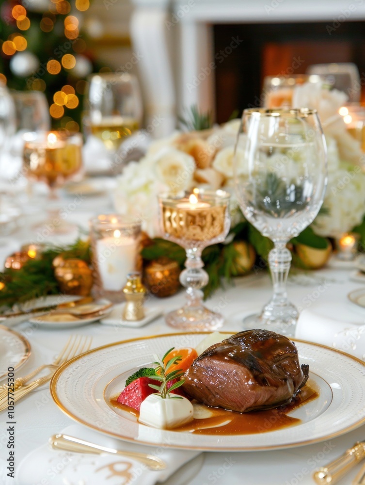 Elegant holiday dinner table setting with candles, wine glasses, and gourmet entree Elegant holiday dinner table setting with candles, wine glasses, and gourmet entree