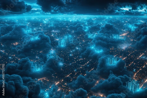 Mesmerizing aerial view of a futuristic city shrouded in neon clouds at night