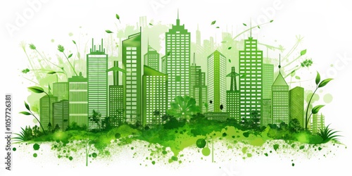 Green Cityscape Watercolor City Skyline with Lush Greenery and Splashes of Color