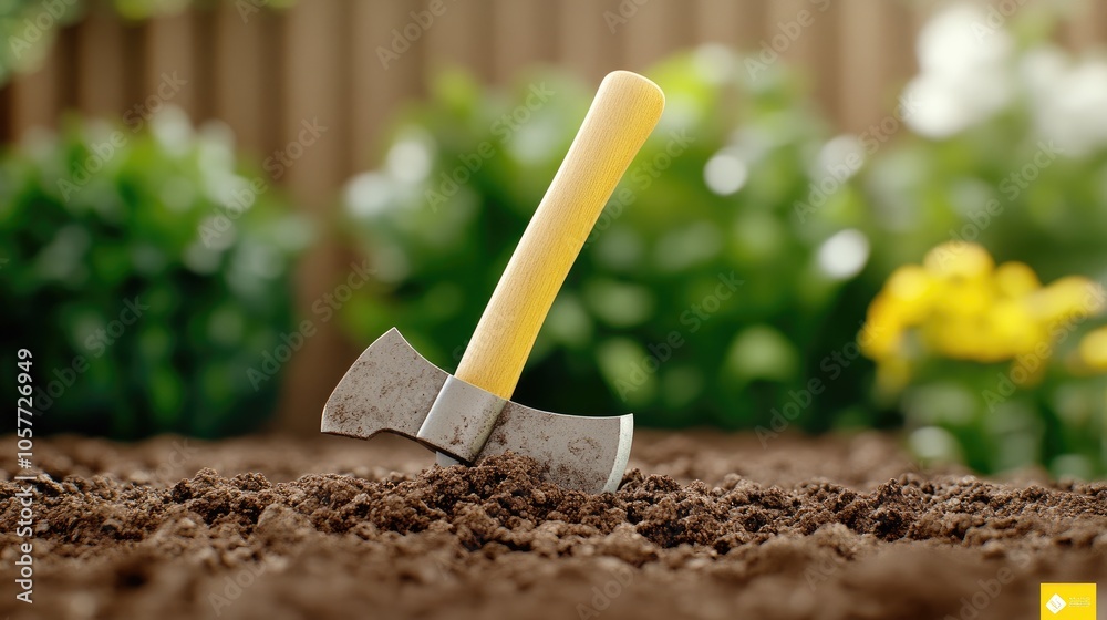 An axe with a wooden handle firmly planted in rich soil surrounded by vibrant garden greenery under natural sunlight An axe with a wooden handle firmly planted in rich soil surrounded by vibrant garden greenery under natural sunlight