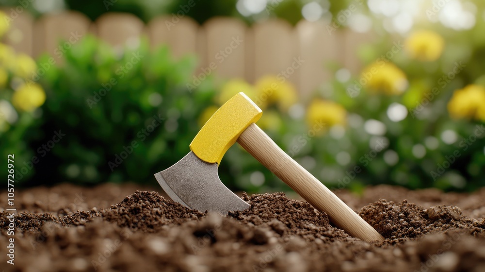 An axe with a wooden handle firmly planted in rich soil surrounded by vibrant garden greenery under natural sunlight An axe with a wooden handle firmly planted in rich soil surrounded by vibrant garden greenery under natural sunlight