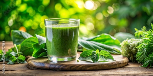 Green Smoothie Delight A Fresh and Healthy Drink on a Wooden Board Surrounded by Lush Greenery in the Sunlight