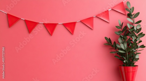 Festive red bunting banner adds cheer to any party celebration backdrop in a cozy indoor setting