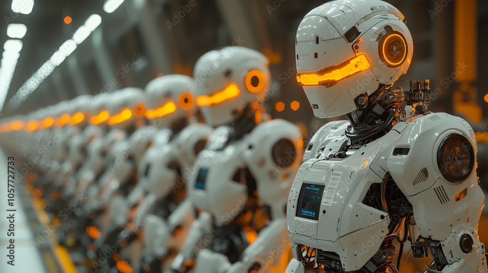Fototapeta premium A row of high-tech robots in a modern factory with neon lights, showcasing advanced futuristic mechanical design.