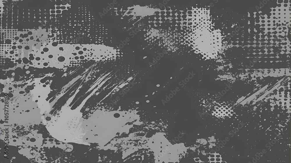 Abstract gray grunge background with paint splatters, dots, and lines.