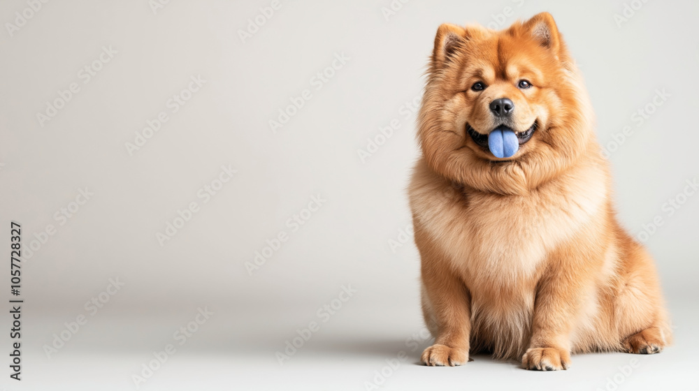 Fluffy Chow Chow dog with a distinctive blue tongue sitting against a neutral background indoors.
