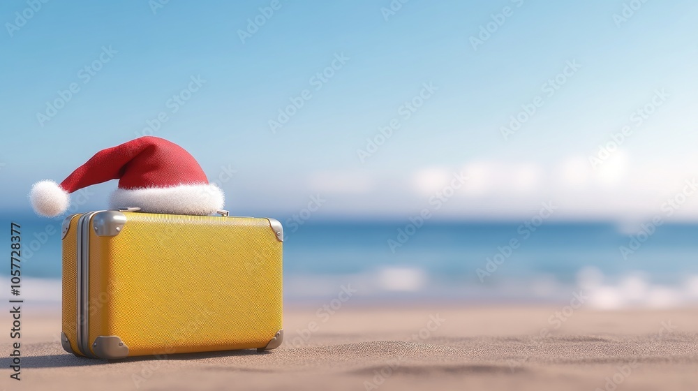 A cheerful yellow suitcase dons a Santa hat under the bright sun on a tranquil beach with gentle waves and a clear blue sky A cheerful yellow suitcase dons a Santa hat under the bright sun on a tranquil beach with gentle waves and a clear blue sky