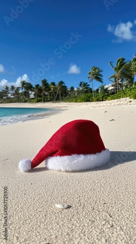 A tropical Christmas beach with palm trees, white sand, and a festive Santa hat inviting joyful summer holiday vibes
