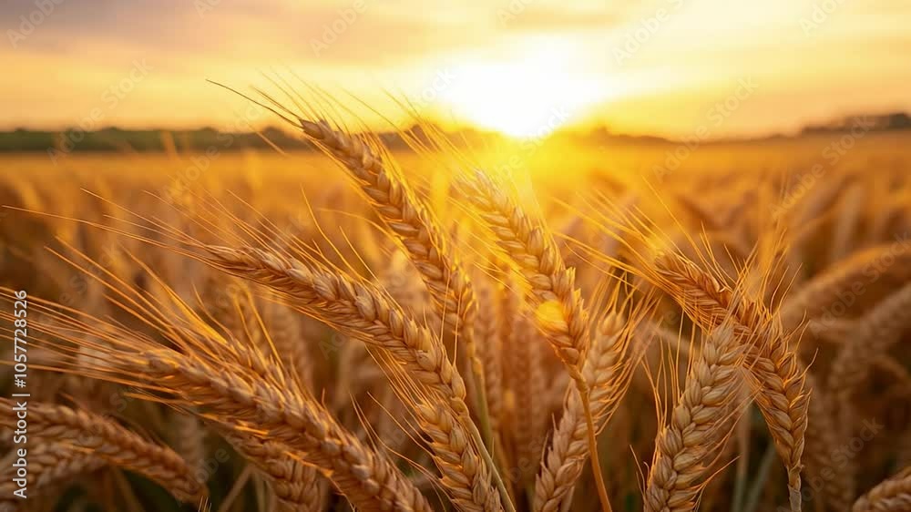 Wheat stalks sway gently as the sun sets, casting a warm glow over the beautiful golden fields in a tranquil countryside setting