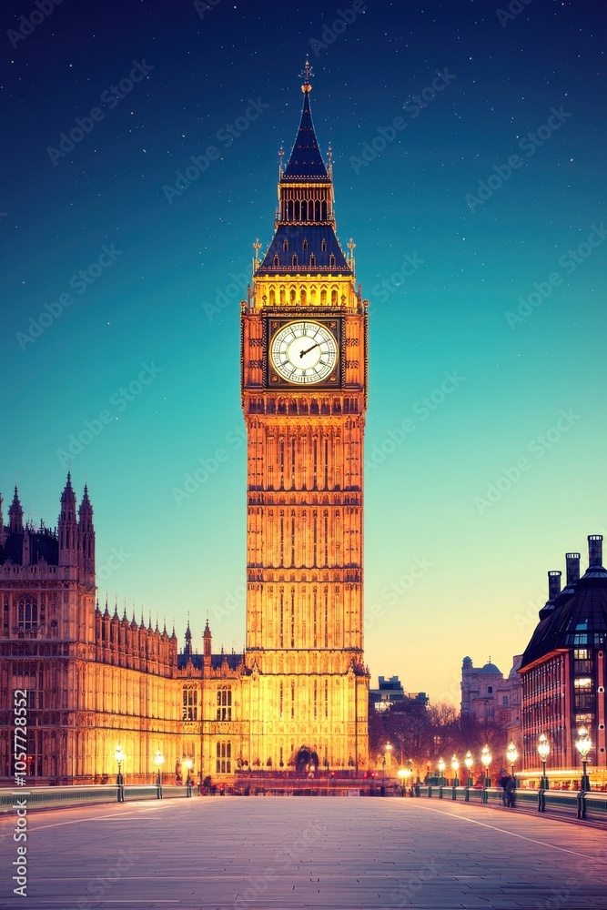 Obraz premium Iconic clock tower against a twilight sky in London, illuminated and majestic.