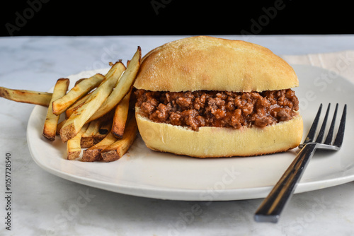 Obraz na płótnie sloppy joe  served on ciabatta roll served with french fries,