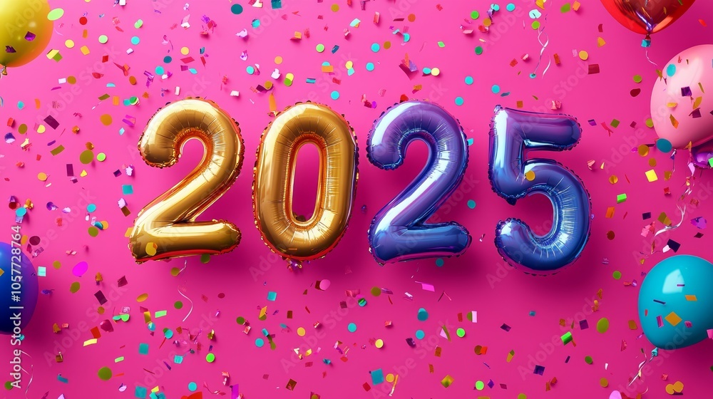 2025 balloons celebrating new year with falling confetti on vibrant pink background 2025 balloons celebrating new year with falling confetti on vibrant pink background