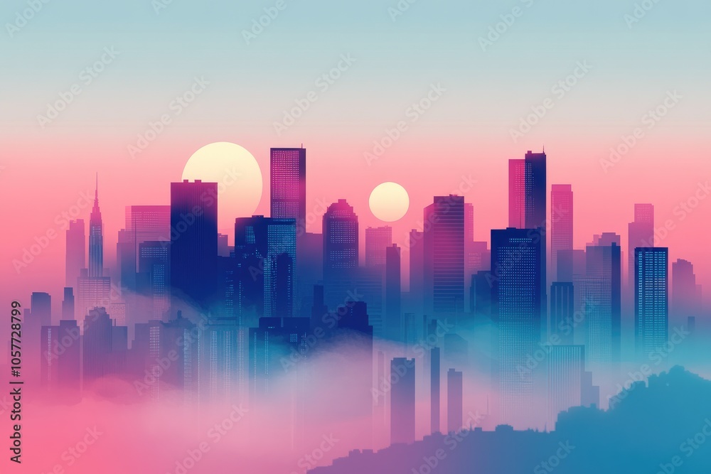 Silhouetted Cityscape with Two Suns and Fog Silhouetted Cityscape with Two Suns and Fog