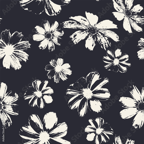 Seamless pattern with monochrome flowers blooms stamps. Nature black and white grunge background. Floral inky repeat design.